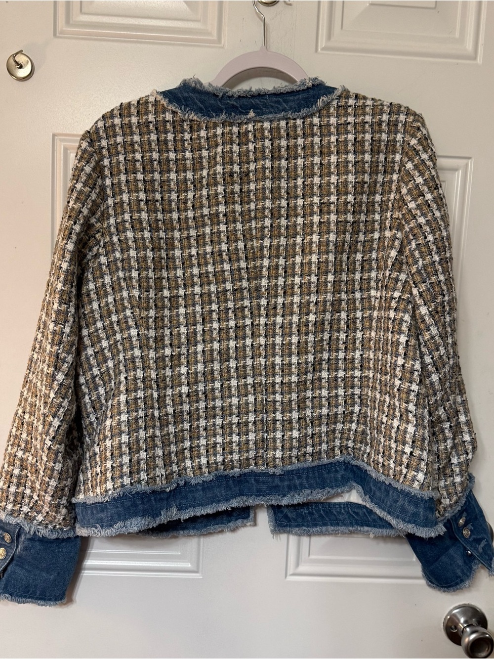 Nanette Lepore Tweed Denim Trimmed Fringe Blazer Jacket - Picture 4 of 8